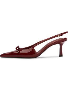 Women's Burgundy Slingback Kitten Heels Bow Ankle Strap Pointed Toe Shoes